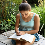 **

A person journaling outdoors in a peaceful garden setting. Focus on conveying a sense of self-reflection, mindfulness, and emotional awareness. Include elements that represent mental well-being, like calming colors and natural light. The overall tone should be serene and encouraging. Consider adding a visual representation of emotions gently flowing from the person's mind onto the pages of the journal.

**
