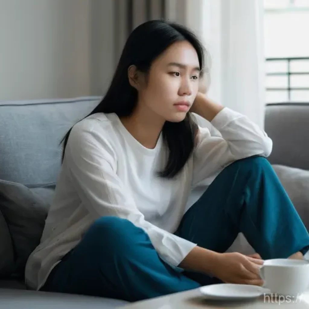 불안장애와 공황장애의 차이점 - **Persistent Anxiety:**
"A young Vietnamese woman, in her mid-20s, sits alone on a comfortable s...