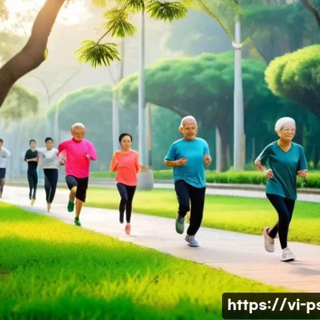 스트레스 해소 방법 - A vibrant morning scene in a Vietnamese urban park showing a diverse group of adults and elderly peo...