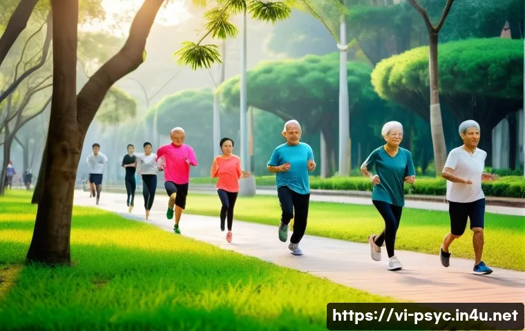 스트레스 해소 방법 - A vibrant morning scene in a Vietnamese urban park showing a diverse group of adults and elderly peo...