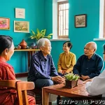 Home 20 정신건강 의료보험 적용 - A warm and inviting community mental health center in Vietnam, showing a diverse group of adults and...