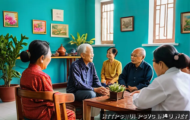 정신건강 의료보험 적용 - A warm and inviting community mental health center in Vietnam, showing a diverse group of adults and...