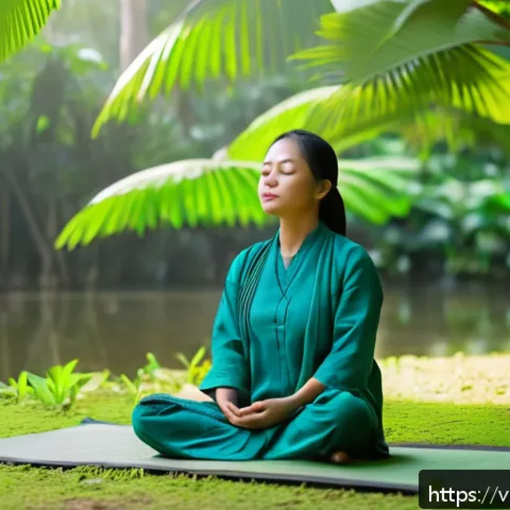 우울증 치료를 위한 운동법 - A peaceful Vietnamese woman practicing deep belly breathing meditation outdoors in a lush green park...