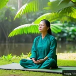 Home 19 우울증 치료를 위한 운동법 - A peaceful Vietnamese woman practicing deep belly breathing meditation outdoors in a lush green park...