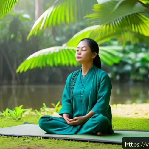 Home 31 우울증 치료를 위한 운동법 - A peaceful Vietnamese woman practicing deep belly breathing meditation outdoors in a lush green park...