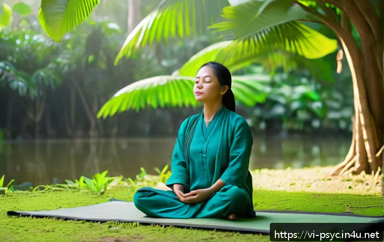우울증 치료를 위한 운동법 - A peaceful Vietnamese woman practicing deep belly breathing meditation outdoors in a lush green park...