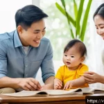 Home 18 소아 ADHD 치료 성공 사례 - A warm and supportive Vietnamese family scene at home, parents sitting with their young child wearin...
