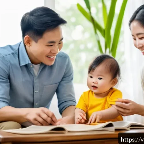 Home 30 소아 ADHD 치료 성공 사례 - A warm and supportive Vietnamese family scene at home, parents sitting with their young child wearin...