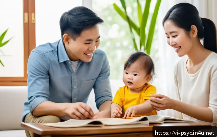 소아 ADHD 치료 성공 사례 - A warm and supportive Vietnamese family scene at home, parents sitting with their young child wearin...