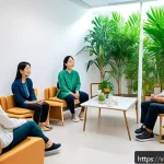 Home 23 정신건강 보험 지원 정책 - A modern Vietnamese healthcare clinic interior with a diverse group of adults engaging in a mental h...
