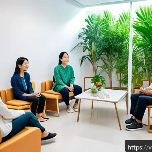 Home 17 정신건강 보험 지원 정책 - A modern Vietnamese healthcare clinic interior with a diverse group of adults engaging in a mental h...