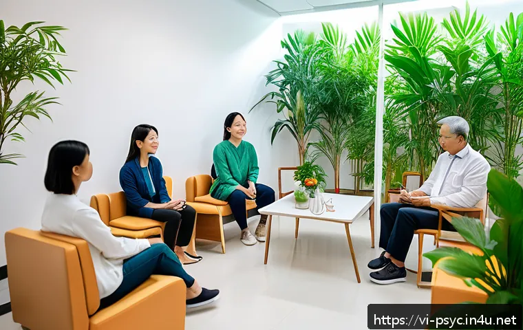 정신건강 보험 지원 정책 - A modern Vietnamese healthcare clinic interior with a diverse group of adults engaging in a mental h...