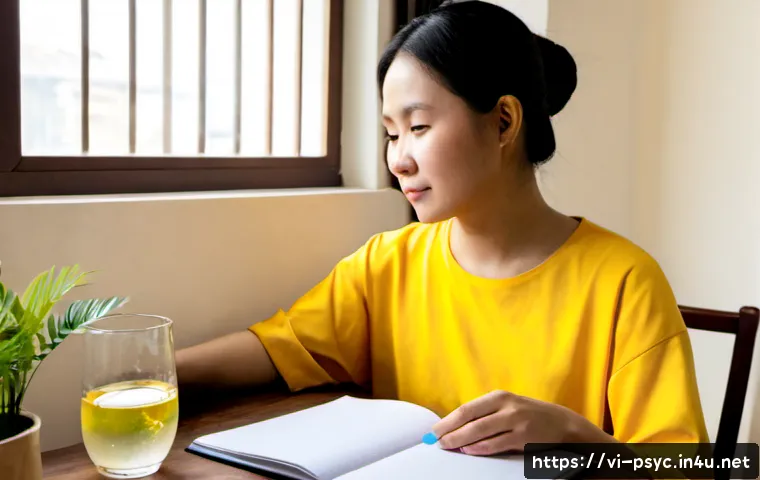 조울증 재발 방지법 - Photorealistic Vietnamese adult in a calm, tidy apartment in Hanoi, sitting at a wooden table with a...