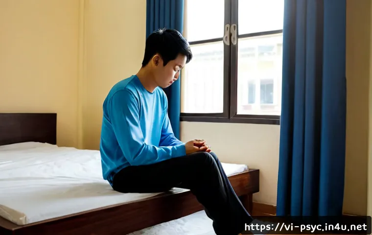 공황장애와 우울증의 연관성 - Photorealistic Vietnamese young adult sitting alone on the edge of a neatly made bed in a modest mod...